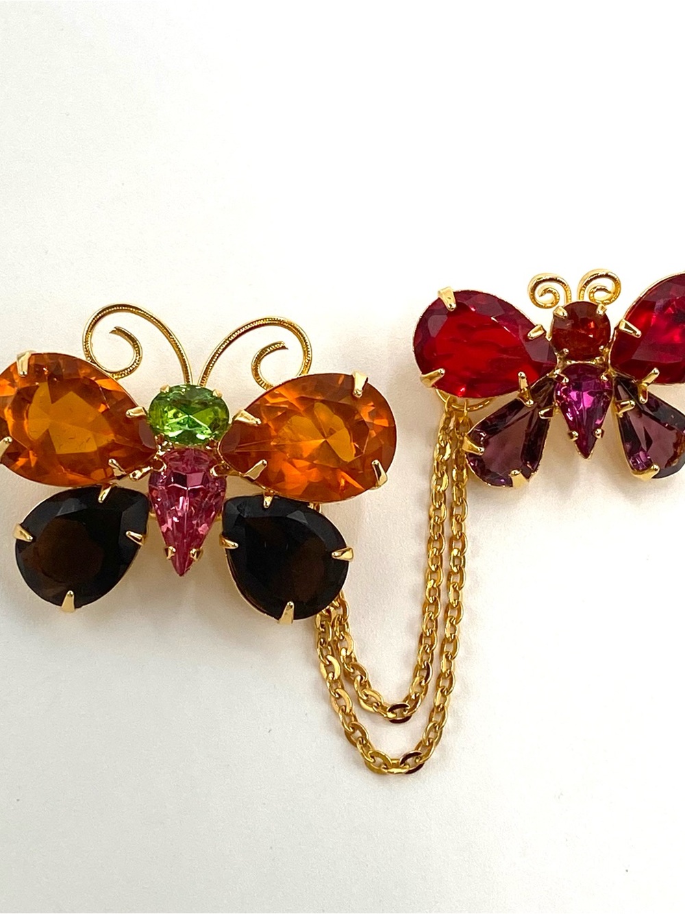 Joan Rivers Butterfly Chatelaine Pins Swarovski Crystals 2 Brooch w/ Chain